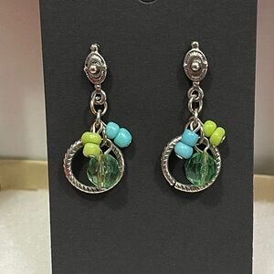 New w/o tags! Silver Dangle Earrings with Green and Blue Beads